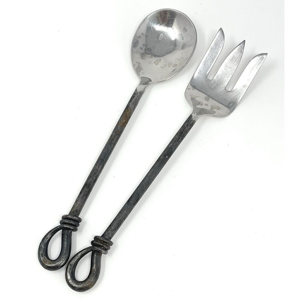 Gibson Rope Twist Forged Oxidized Stainless Steel Salad Serving Spoon Fork 10”